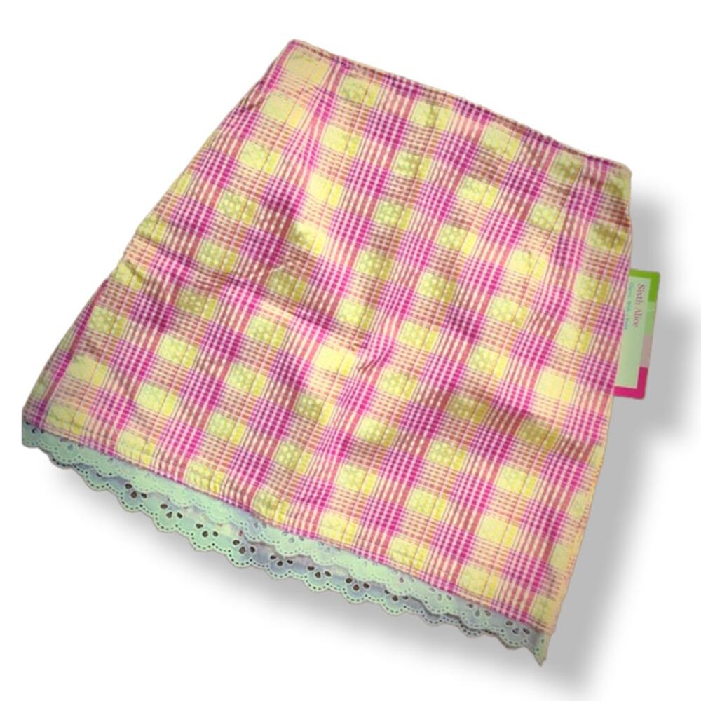 Sixth Alice Girls Skirt Size 5 Plaid Preppy Lace Trim Pink Yellow Seersucker NEW